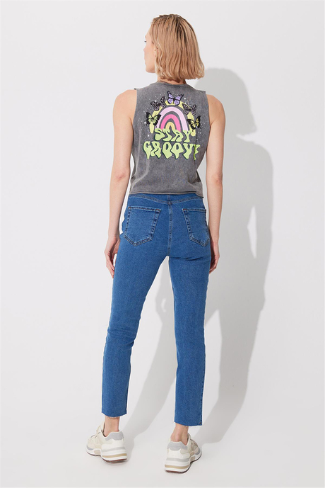 Gri Soluk Efektli Baskılı Kolsuz T-shirt SS23TE4719TE