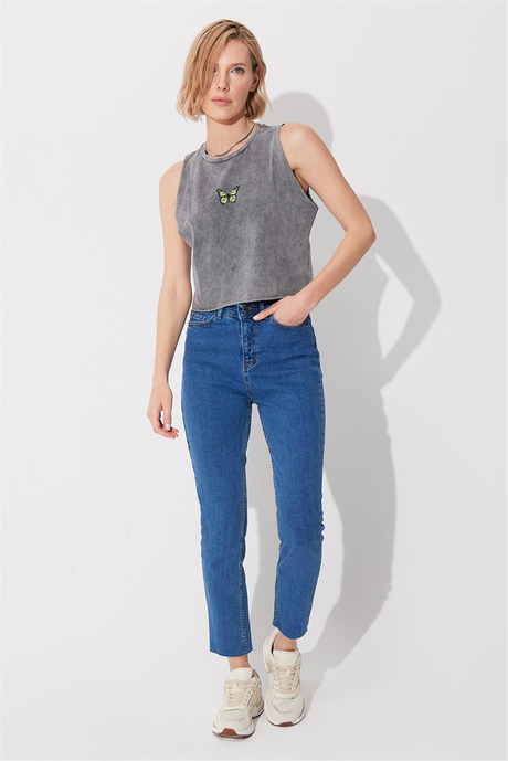 Gri Soluk Efektli Baskılı Kolsuz T-shirt SS23TE4719TE