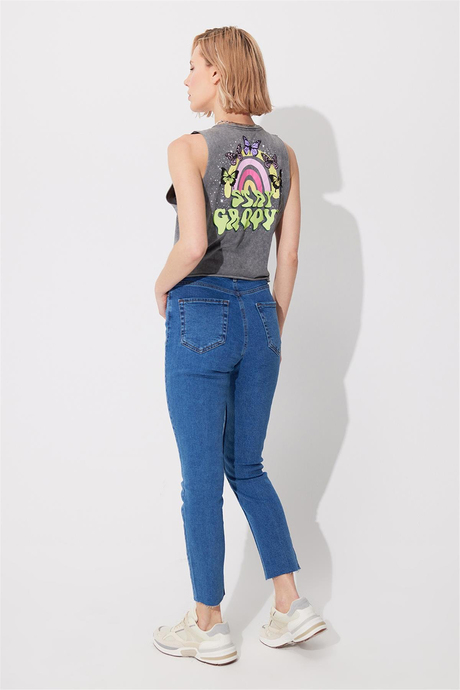 Gri Soluk Efektli Baskılı Kolsuz T-shirt SS23TE4719TE