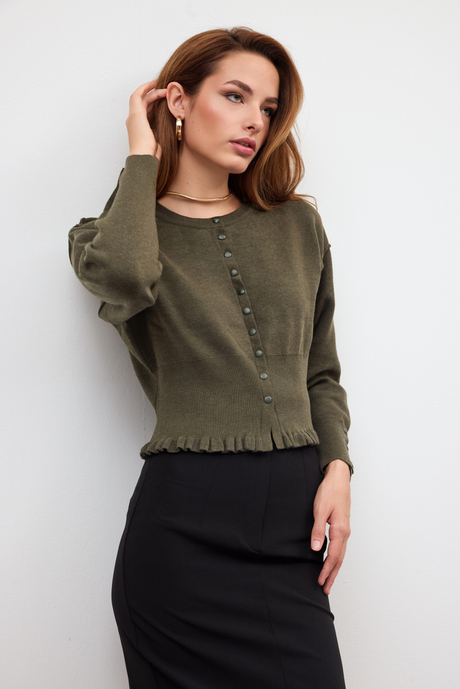 Haki Düğme Detaylı Triko Kazak