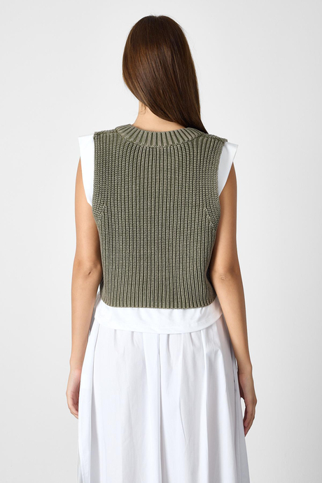 Haki Tshirt Detaylı Eskitme Süveter