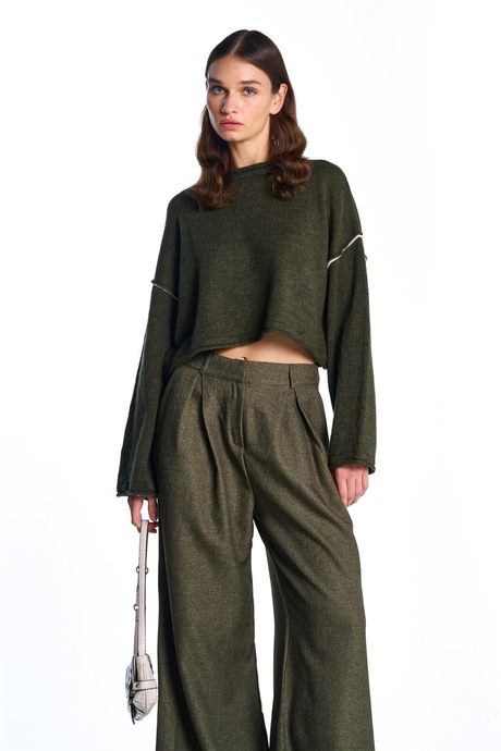 Haki Wide Leg Yüksek Bel Pantolon
