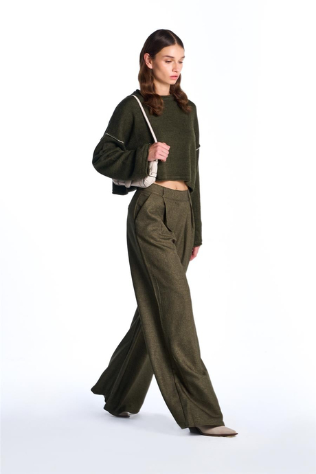 Haki Wide Leg Yüksek Bel Pantolon