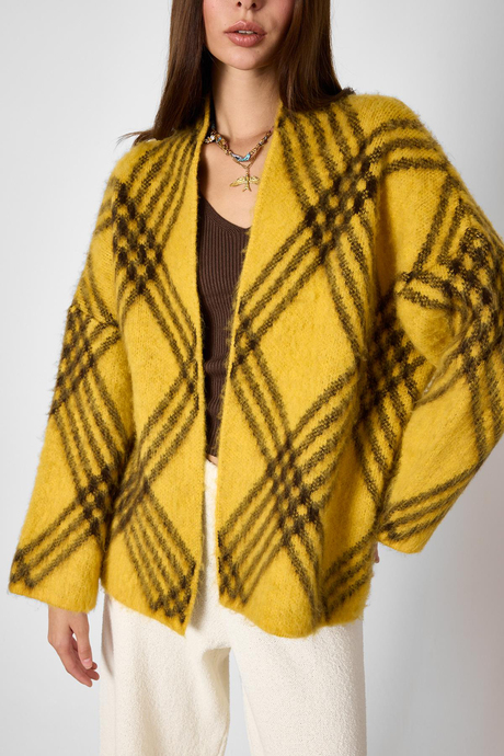Hardal Ekoseli Oversize Triko Hırka