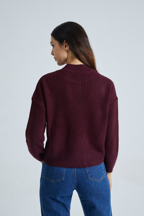 Kadın Bordo Dik Yaka Örgü Desen Basic Kazak SWK4108BO
