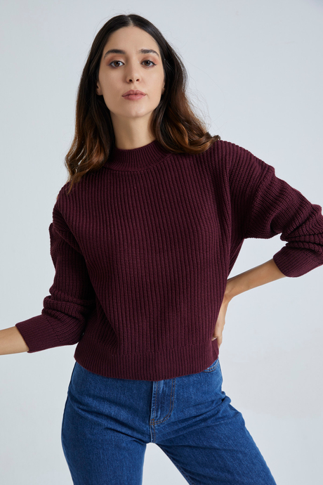 Kadın Bordo Dik Yaka Örgü Desen Basic Kazak SWK4108BO