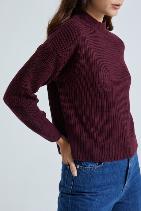 Kadın Bordo Dik Yaka Örgü Desen Basic Kazak SWK4108BO