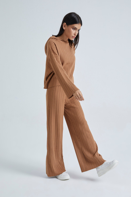 Kadın Camel Fitilli Kapüşonlu Yumuşak Dokulu Dökümlü Pantolon Kazak Takım SWTK4083CA