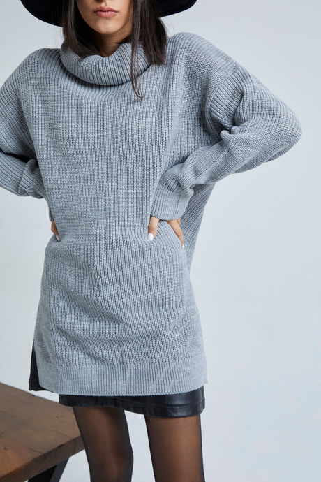 Kadın Gri Balıkçı Yaka Uzun Kollu Oversize Triko Tunik SWT4119GR