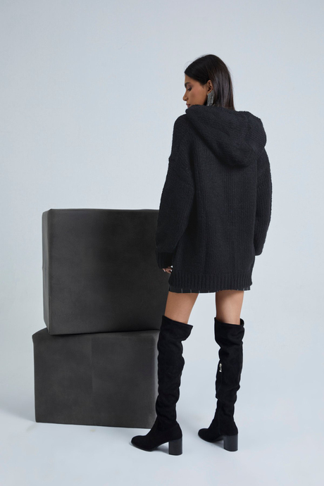 Kadın Siyah Yumuşak Dokulu Oversize Kapüşonlu Tunik SWK4091Sİ