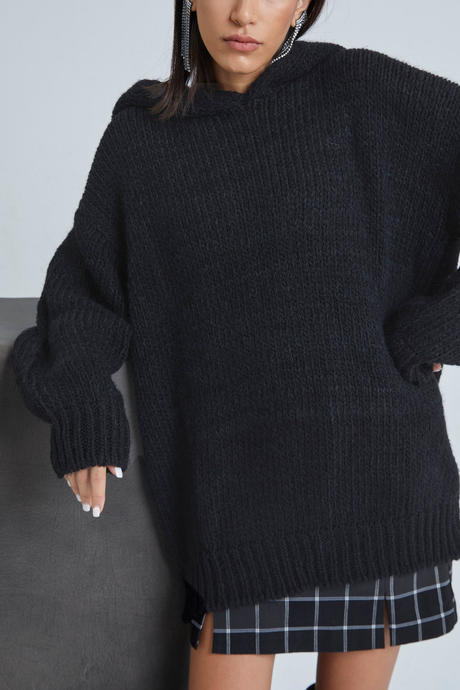 Kadın Siyah Yumuşak Dokulu Oversize Kapüşonlu Tunik SWK4091Sİ