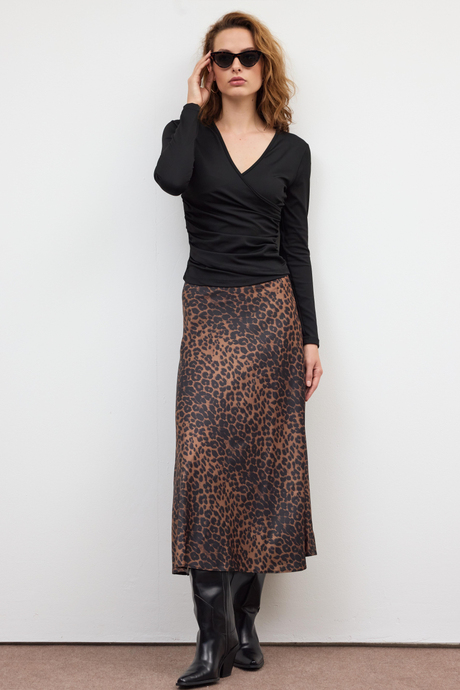 Kahverengi Leoparlı Saten Etek