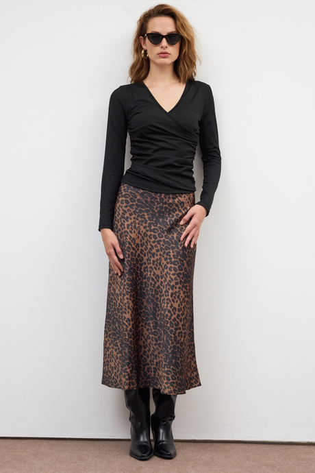 Kahverengi Leoparlı Saten Etek