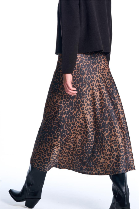 Kahverengi Leoparlı Saten Etek