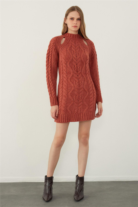 Tile Red Knitted Shoulder Detailed Crew Neck Knit Dress SS23D4714Kİ