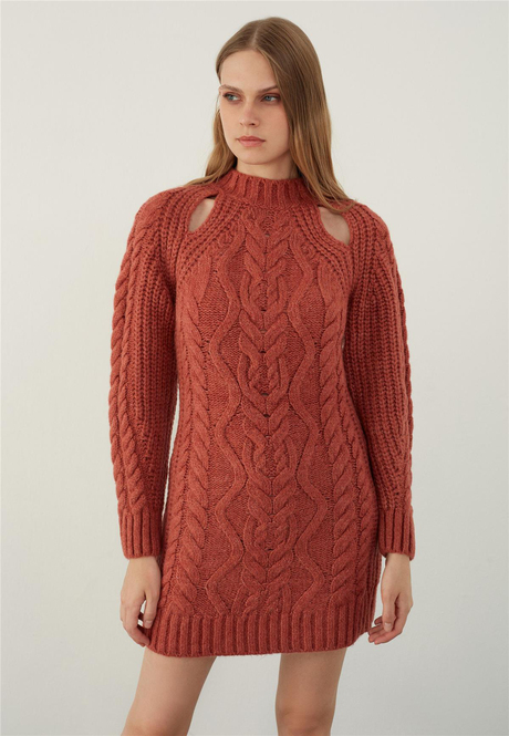 Tile Red Knitted Shoulder Detailed Crew Neck Knit Dress SS23D4714Kİ