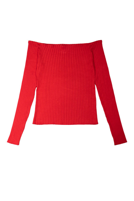 Kırmızı Düşük Omuzlu Triko Bluz