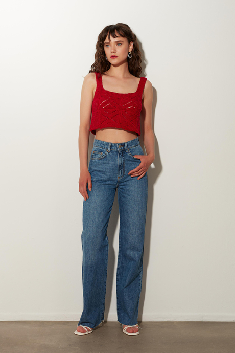 Kırmızı Kare Yaka Geometrik Desenli Triko Atlet