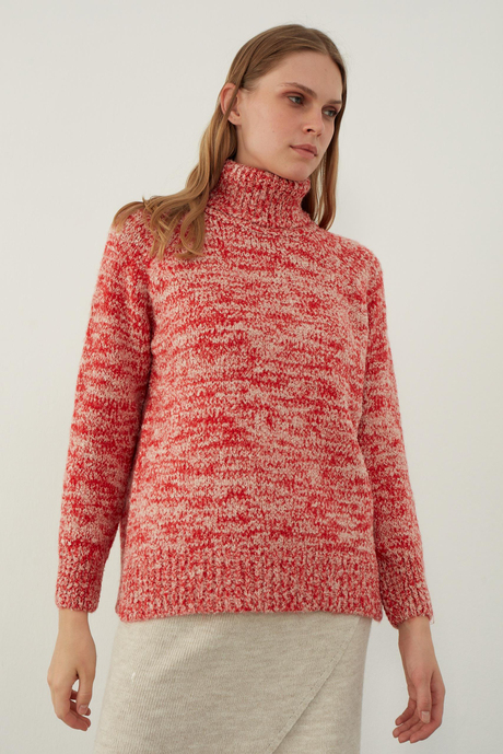 Red Brushed Textured V Neck Basic Knitwear Sweater