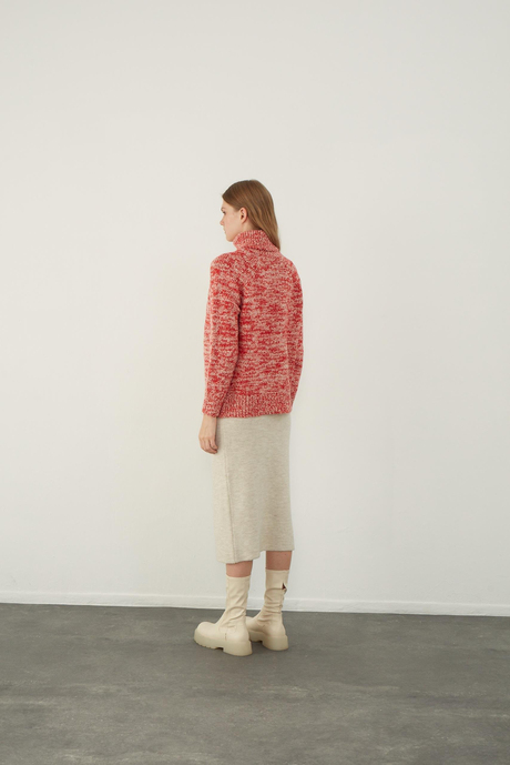 Red Brushed Textured V Neck Basic Knitwear Sweater