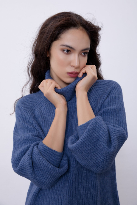 Sherin Kadın Koyu Mavi Balıkçı Yaka Oversize Triko Tunik SWK4299KM