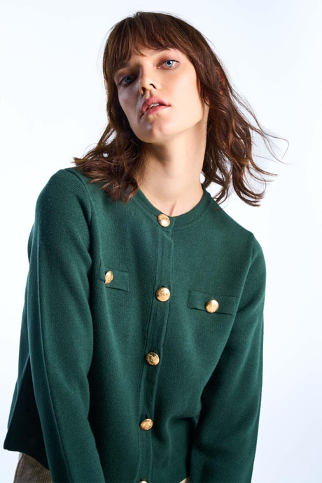 Koyu Yeşil Düğmeli Triko Hırka