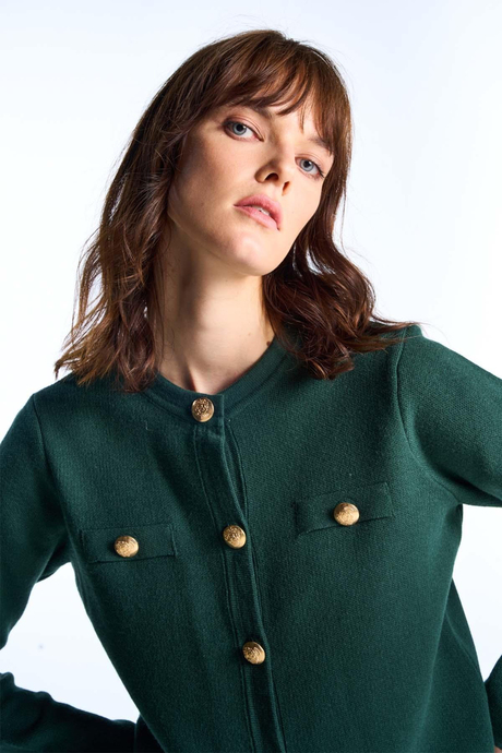 Koyu Yeşil Düğmeli Triko Hırka