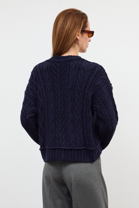 Navy Button Detailed Cable Knit Cardigan