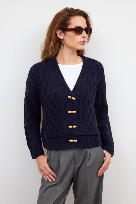 Navy Button Detailed Cable Knit Cardigan