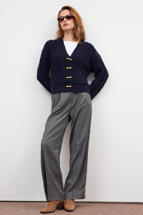Navy Button Detailed Cable Knit Cardigan