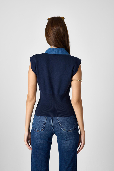 Lacivert Denim Yaka Detalı Triko Bluz