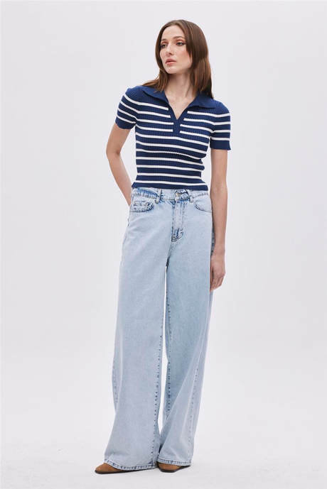 Lacivert Polo Yaka Çizgili Triko Kazak