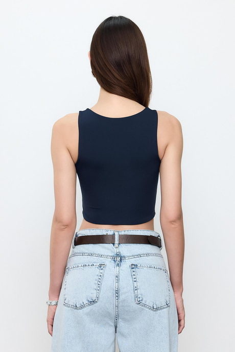 Lacivert Slimfit Crop Top Bluz