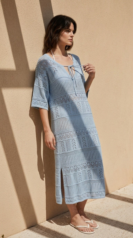 Mavi Ajurlu Oversize Triko Elbise