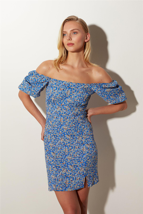 Blue Floral Balloon Sleeve Slim Fit Mini Dress SS23D4773MA