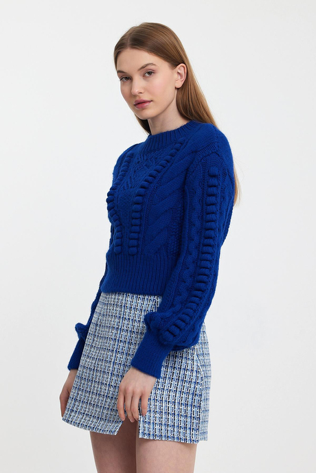 Mavi Örgü Desen Bisiklet Yaka Triko Kazak