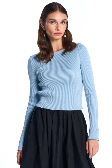 Blue Long Sleeve Ribbed Sweater