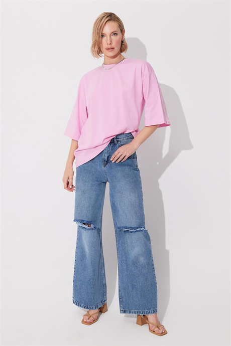 Mavi Yüksek Bel Dizleri Yırtık Bol Paça Jean SS23JP4745MA