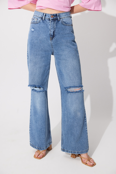Mavi Yüksek Bel Dizleri Yırtık Bol Paça Jean SS23JP4745MA