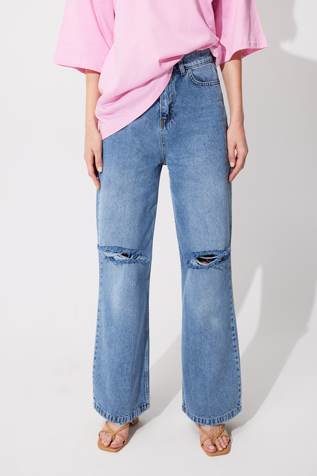 Mavi Yüksek Bel Dizleri Yırtık Bol Paça Jean SS23JP4745MA