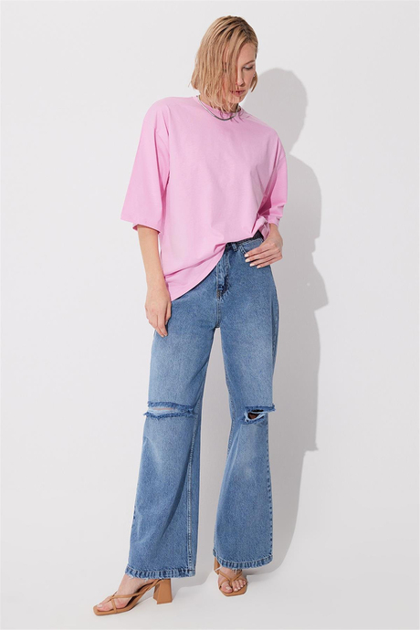 Mavi Yüksek Bel Dizleri Yırtık Bol Paça Jean SS23JP4745MA