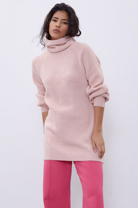 Sherin Kadın Pembe Balıkçı Yaka Oversize Triko Tunik SWK4299PE