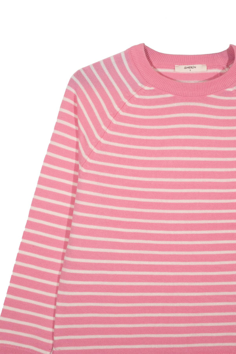 Pembe Bisiklet Yaka Çizgili Kazak