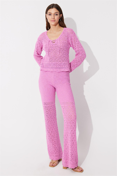  Pink Knit Pattern Sweater Pants Set SWTK4557-58PE