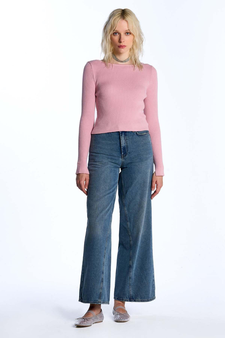 Pink Long Sleeve Ribbed Sweater