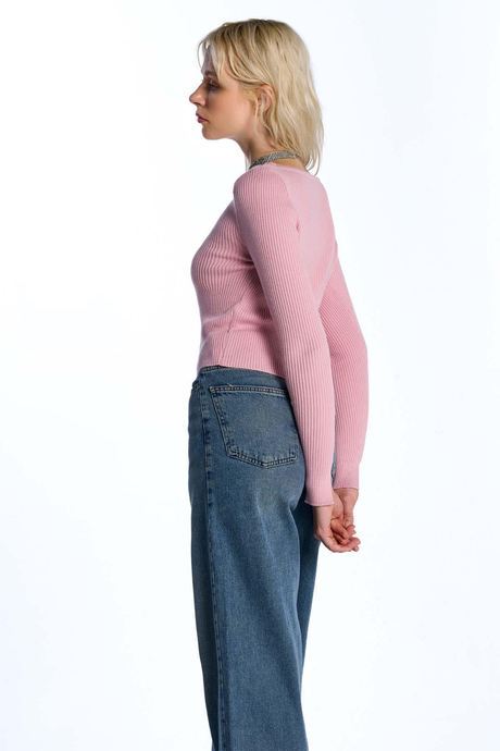 Pink Long Sleeve Ribbed Sweater
