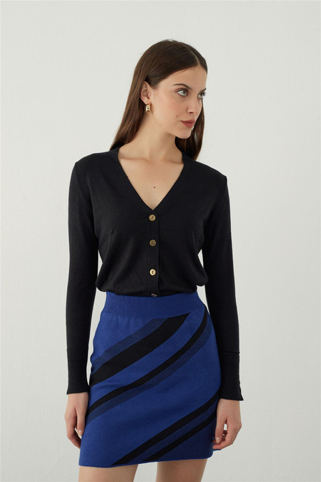 Saks-Siyah Çizgili Mini Triko Etek