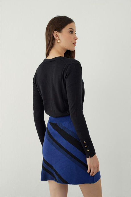 Saks-Siyah Çizgili Mini Triko Etek