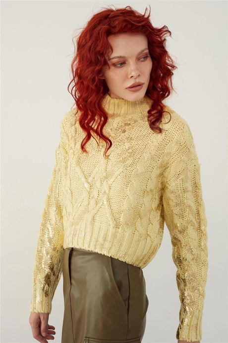 Yellow Funnel Neck Foil Printed Knitwear Sweater