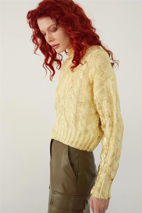 Yellow Funnel Neck Foil Printed Knitwear Sweater